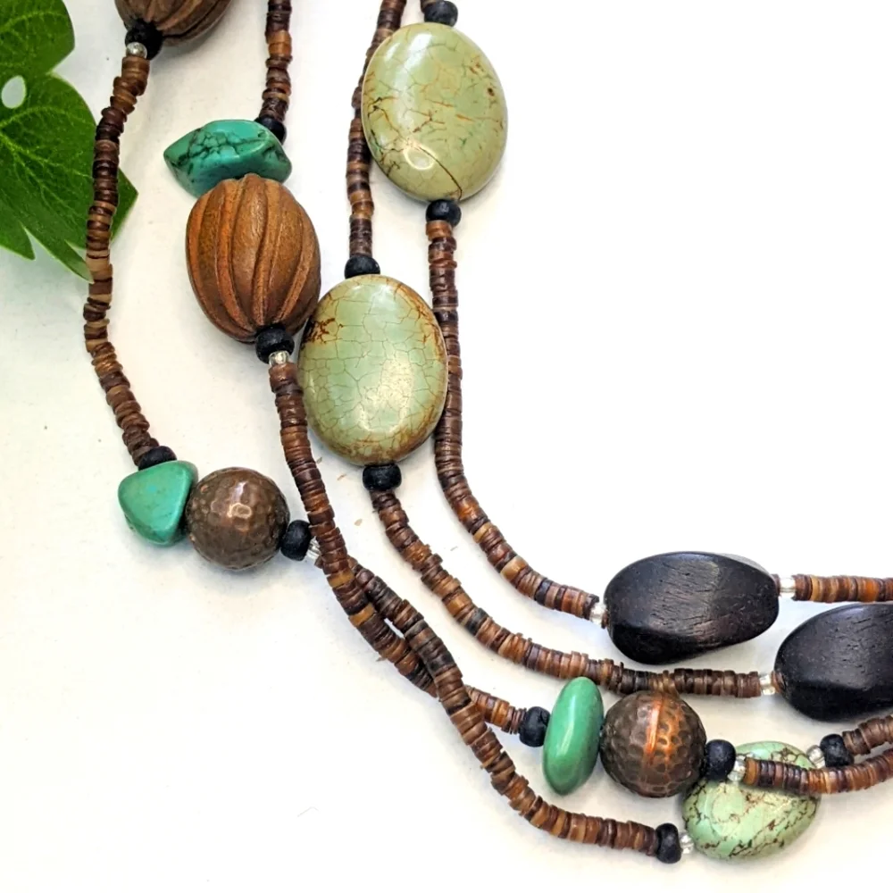 Wooden beads, real stones, and mixed metals long strand Boho necklace
